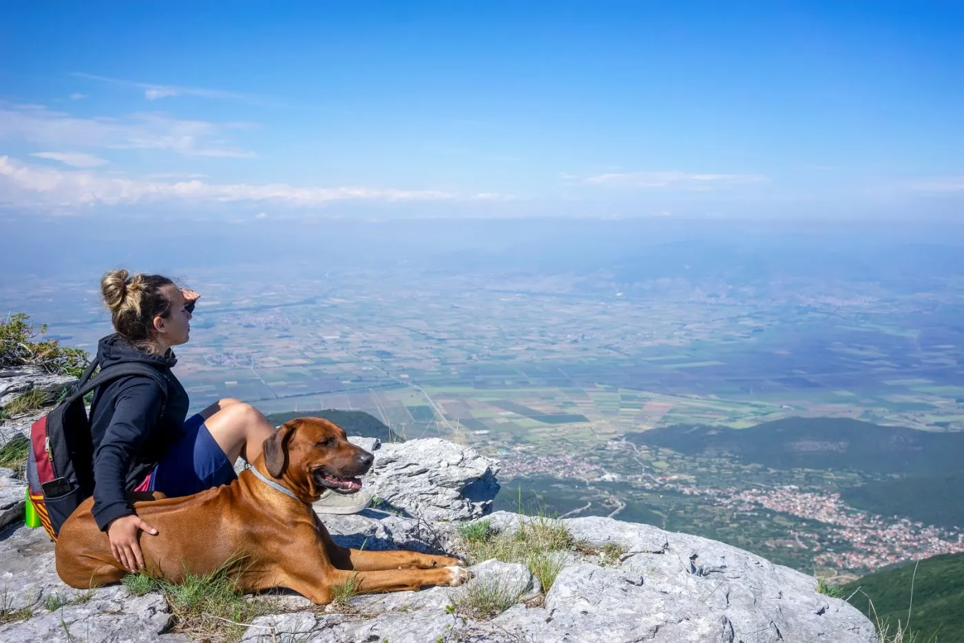 Rhodesian ridgeback z opiekunką w górach Rhodesian ridgeback na szczycie góry